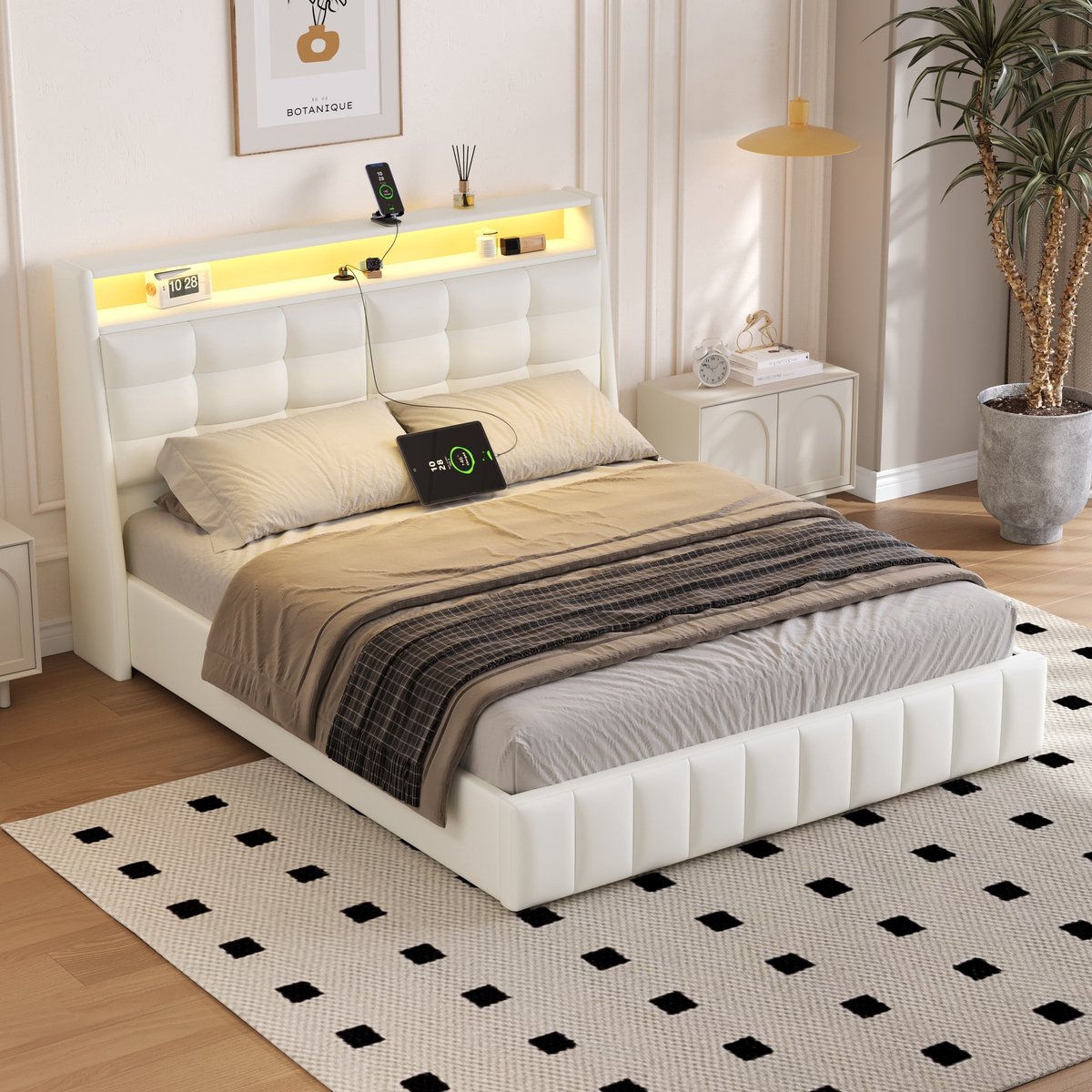 MODFU Ledikant 160x200 cm – PU wit – met LED (7 kleuren), USB en opbergruimte – modern design