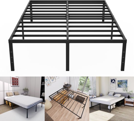 Froadp Cadre de lit moderne Lit en métal 140x200 cm Lit plateforme en métal Lattes en acier robustes Lit double Noir Hauteur 41,5 cm Espace de rangement sous le lit Pour chambre à coucher Chambre d'amis
