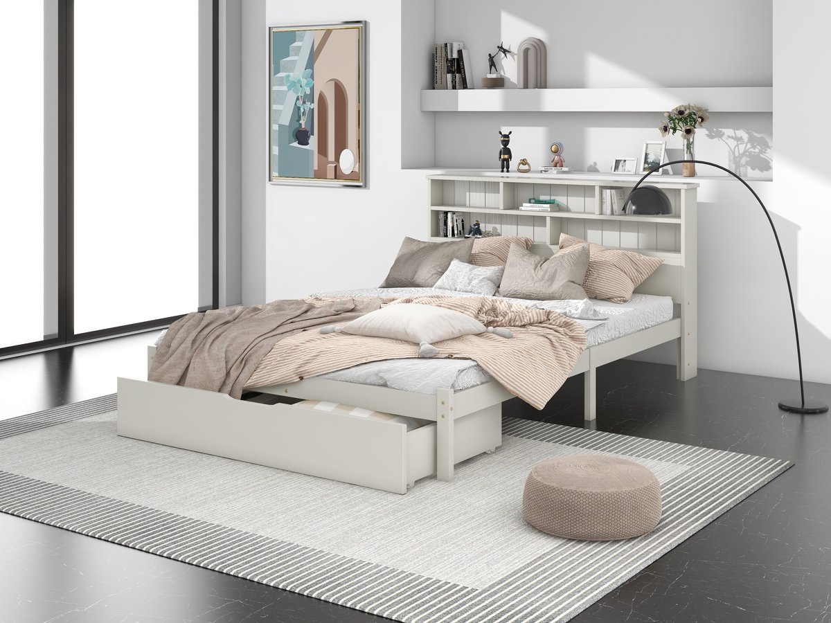 REDOM Bedframe 140x200 cm – Boekenkast-hoofdbord & 2 lades – Massief grenenhout & MDF – Wit – 150 kg