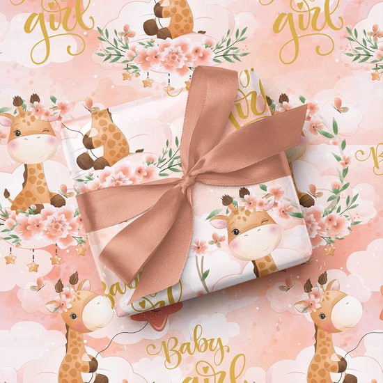 RUSPEPA Inpakpapier Rol Voor Babymeisjes – 43x10m – Giraf & Baby Girl Design – Stevig & Glanzend – Voor Babyshower & Cadeaus 4 miniatura