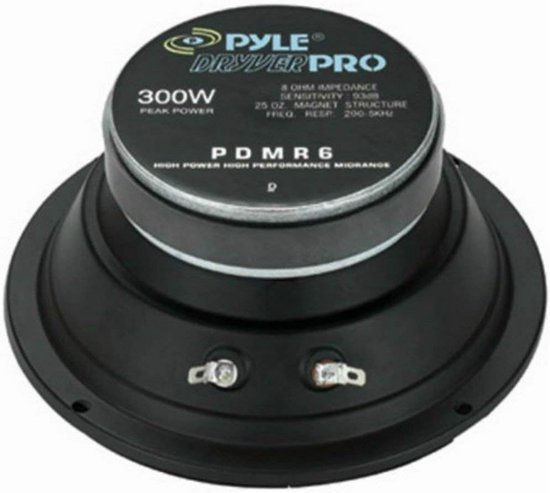 Achterkant van de Pyle midrange speaker met specificaties: 300W, 8 ohm, PDMR6.
