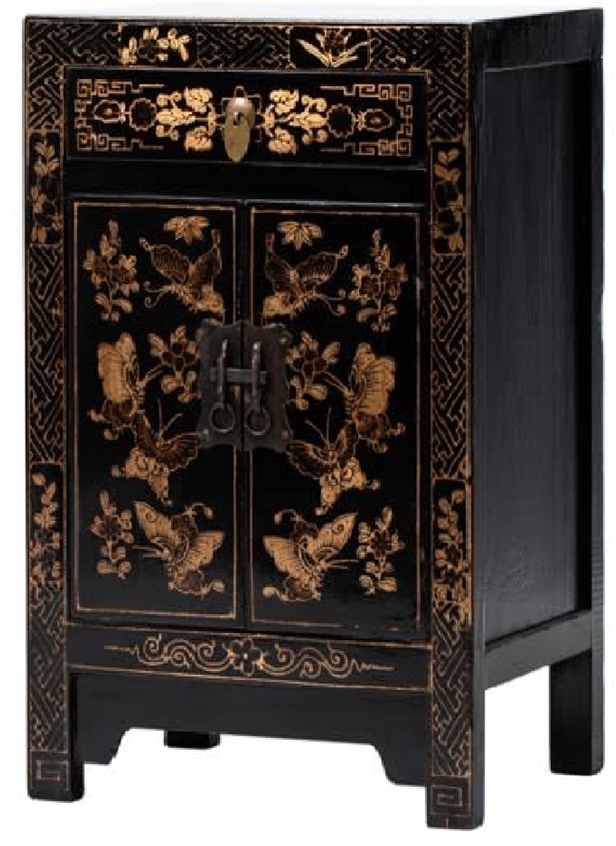 Fine Asianliving Chinese Kast Zwart Handgeschilderd Vlinders B58xD37xH85cm Chinese Meubels Oosterse Kast