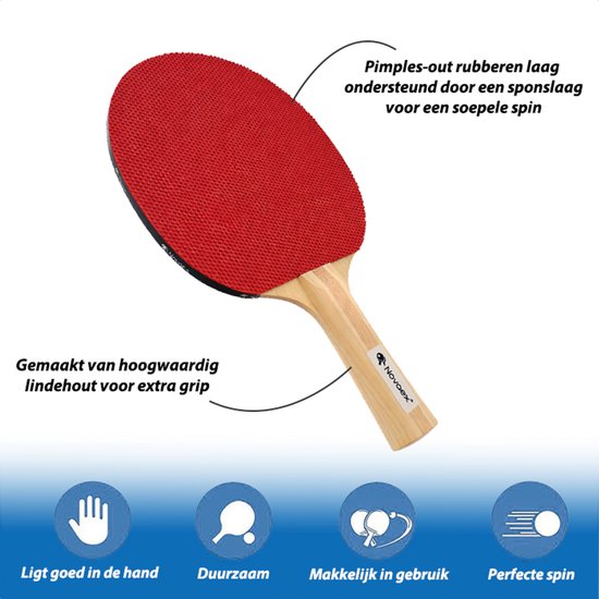 Rood tafeltennisbatje met houten handvat. Gemaakt van lindenhout, met rubberen laag voor grip en spin.