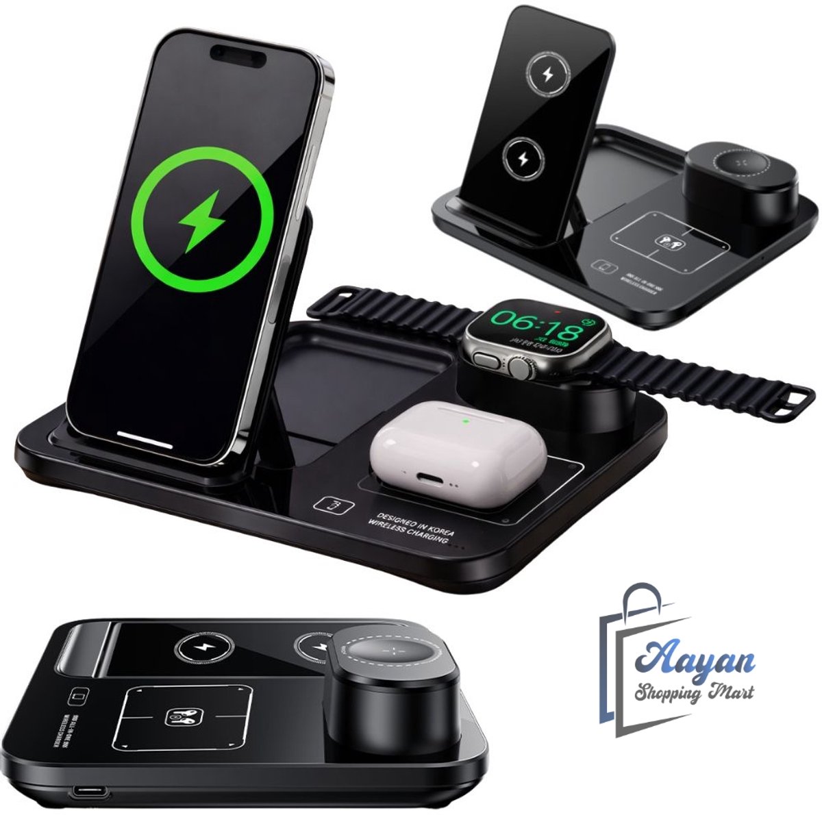 3-in-1 Draadloze Oplader – Fast Wireless Charging Station 15W – Voor Telefoon, Horloge & Oordopjes – draadloze oplader 3 in 1 – wireless charging station – fast wireless charger – usb oplaadstation – 85609