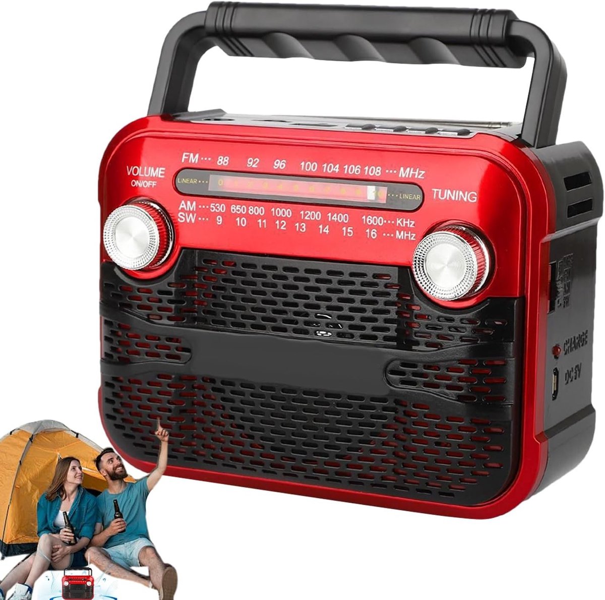 Zonne-energie Radio - Weer Radio Zaklamp - Reizen Overleven Kamperen - Handmatige Crank Oplader - 15x8x12cm - Rood