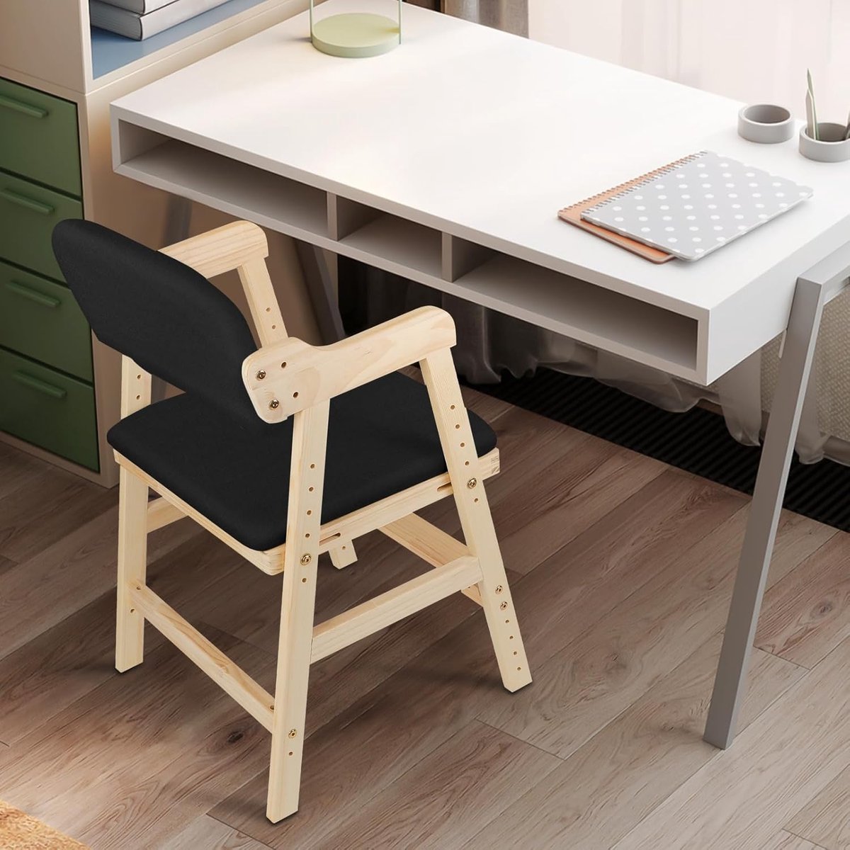 Bureaustoel Kinderen - Houten Studiestoel - Comfortabel Leren - In Hoogte Verstelbaar - 48x46x78 cm - Zwart