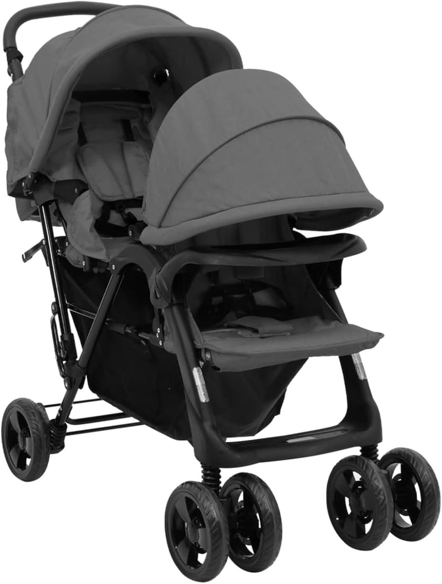 Dubbele Kinderwagen - Tweelingbuggy Reisbuggy - Gezinsuitjes Buiten - Inklapbaar Compact Ontwerp - 123x53.5x112cm - Donkergrijs