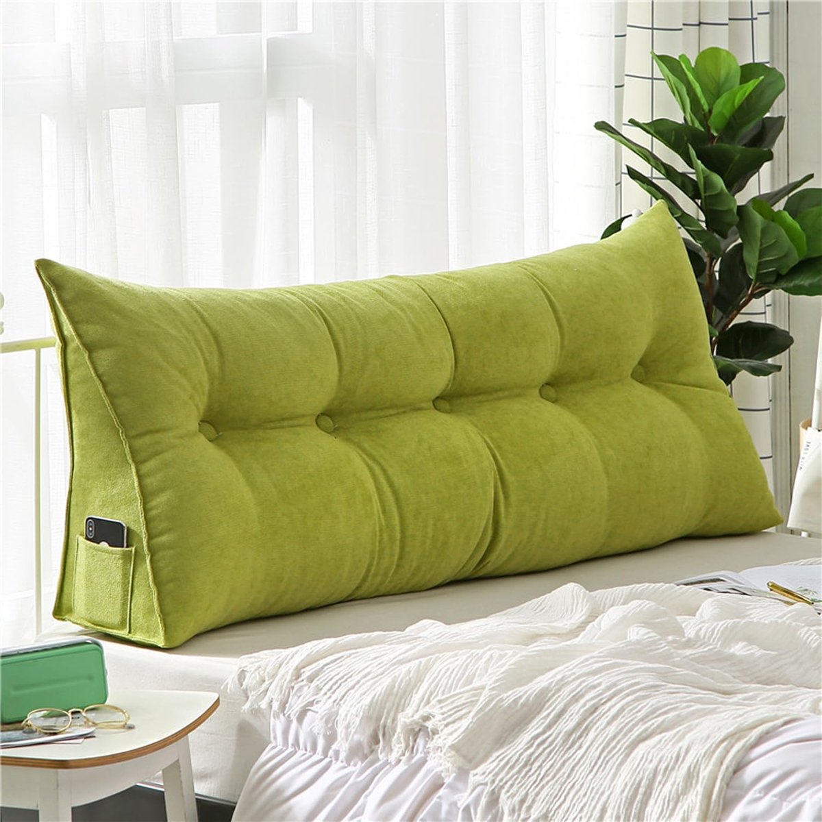 Zacht Hoofdkussen - Wigkussen Lezen - Comfortabel Ontspannen - Met Handige Zijvakken - 80 x 50 x 20 cm - Groen