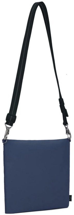 Donkerblauwe schoudertas met zwarte band en zilverkleurige clips.