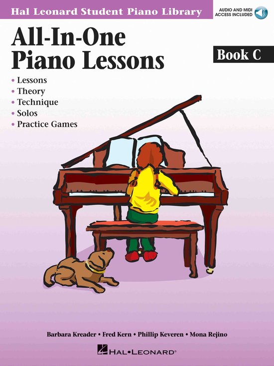 Livre intitulé 'All-In-One Piano Lessons Book C', avec une illustration d'une fille jouant du piano, un chien à côté.