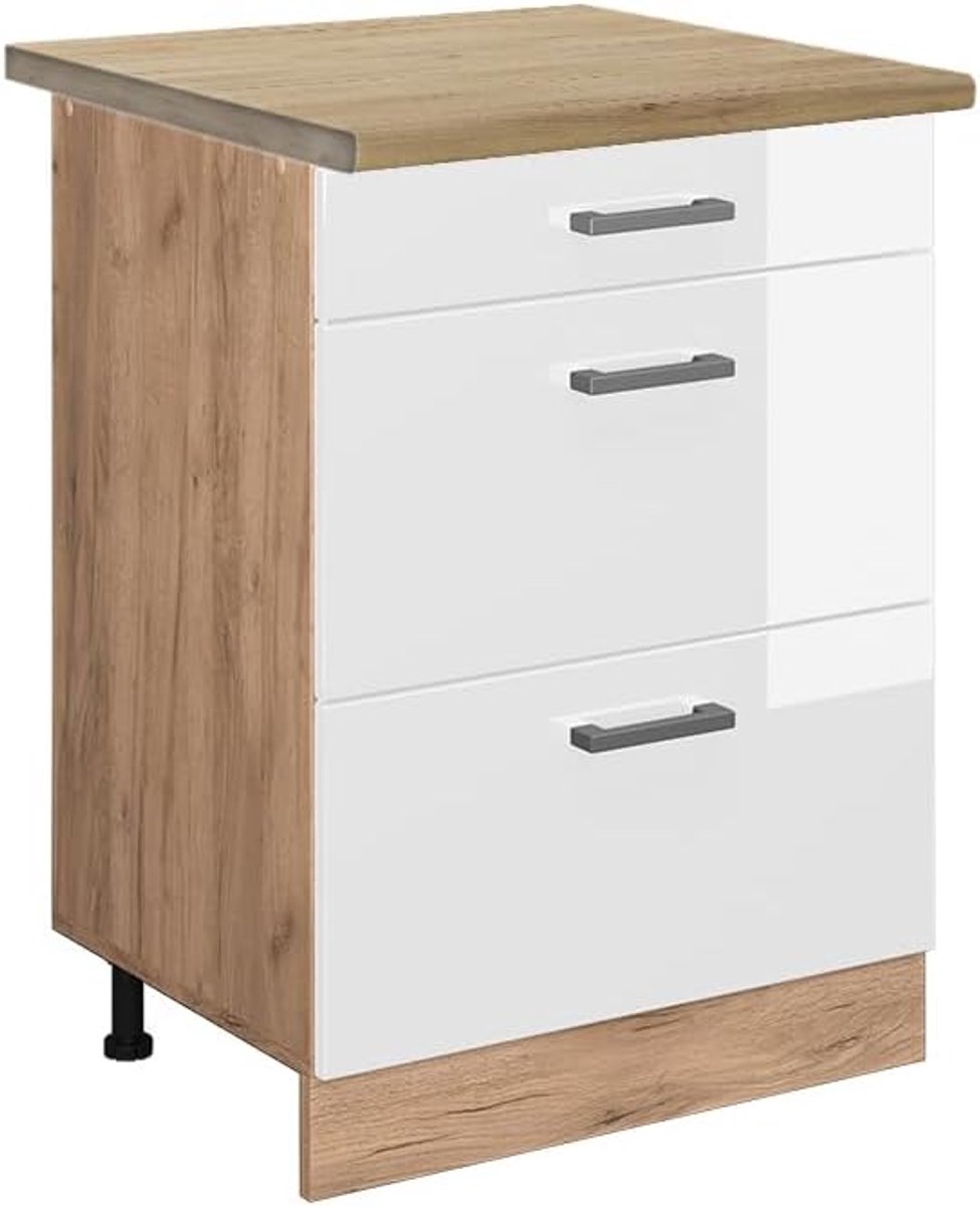 Keukenonderkast met laden - Keukenmeubel - Keukenopslag - Hoogglans afwerking - 60 cm breed - Wit