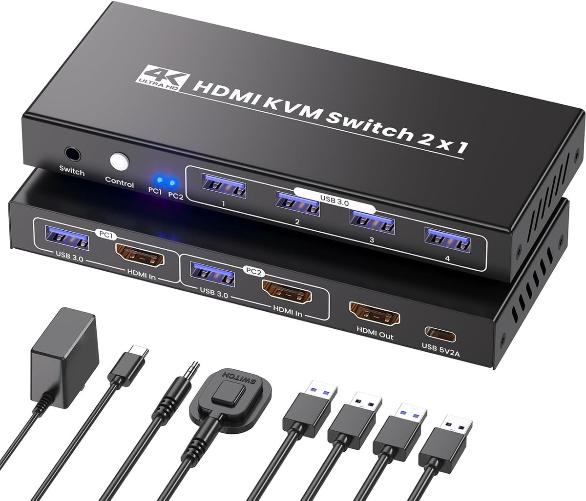 HDMI KVM Switch - Monitor Switch - Twee PC's Delen - 4K60Hz USB 3.0 - 15x6x2 cm - Metaal