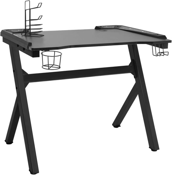 Gaming bureau - Werkplek bureau - Intensief gamen - Geïntegreerde LED verlichting - 90 x 60 x 75 cm - Zwart — afbeelding 3