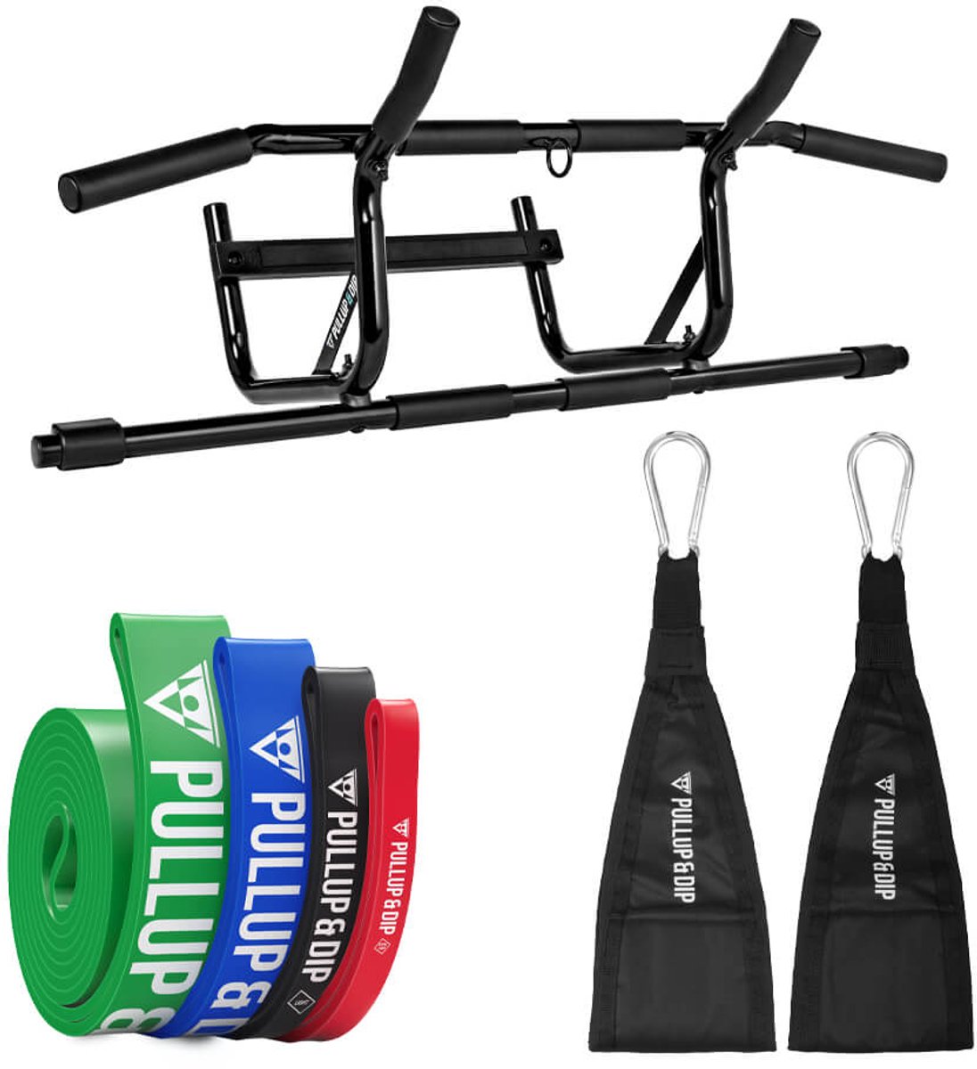 PULLUP & DIP Start - Pull-up & Buikspier Set - Deurmontage Zonder Boren - Inclusief 4 Weerstandsbanden - Met Gevoerde Buiktrainingslussen