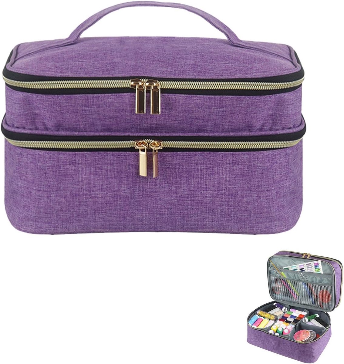 Naaidoos Organizer - Opbergmand - Naaibenodigdheden Opbergen - Dubbellaags Ontwerp - 28x19x15.5 cm - Paars