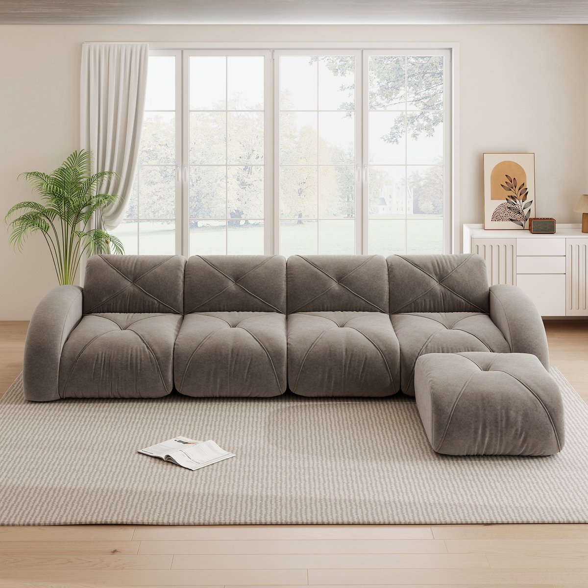OKWISH Hoekbank 4-Zits - Modulair Ontwerp Met Hocker En Antislip Onderzijde - Voor Woonkam