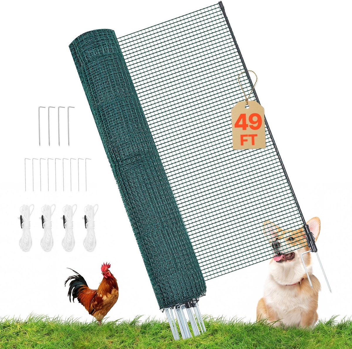 Afrasteringsnet - Mobiel Tuin-, Honden- en Kippenhek - 15 m x 90 cm - PE-net - Dubbele Puntpalen - Met Scheerlijnen