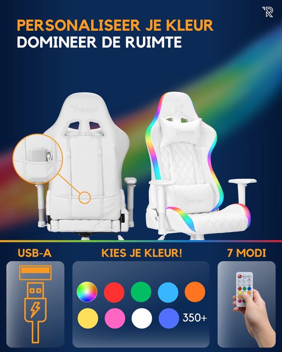 Vergelijking van twee witte gamingstoelen, één met uitgeschakelde RGB-verlichting en één met ingeschakelde verlichting in verschillende kleuren.