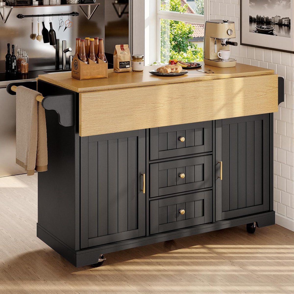 Keuken Eiland - Buffetkast Trolley - Keuken Werkruimte - Uittrekbaar Blad - 120x95cm - Zwart