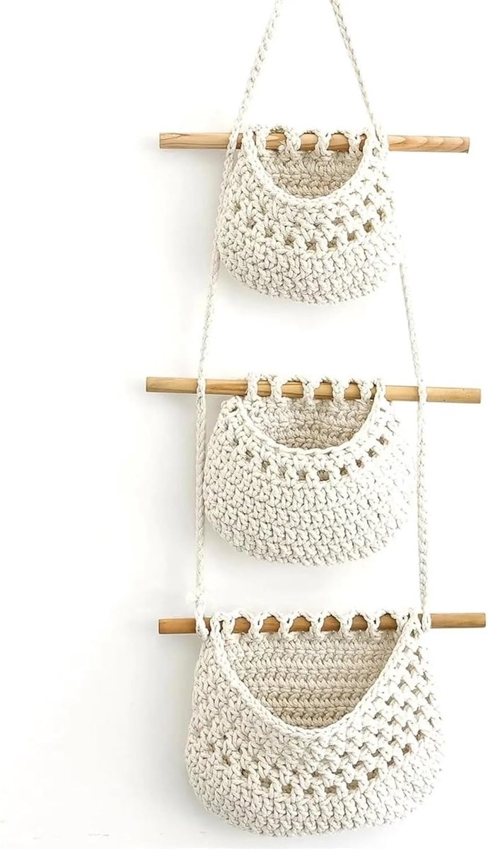 Hangende Fruitmand - Geweven Jute Mand - Keuken Organiseren - 3-Laags Ontwerp - Wit