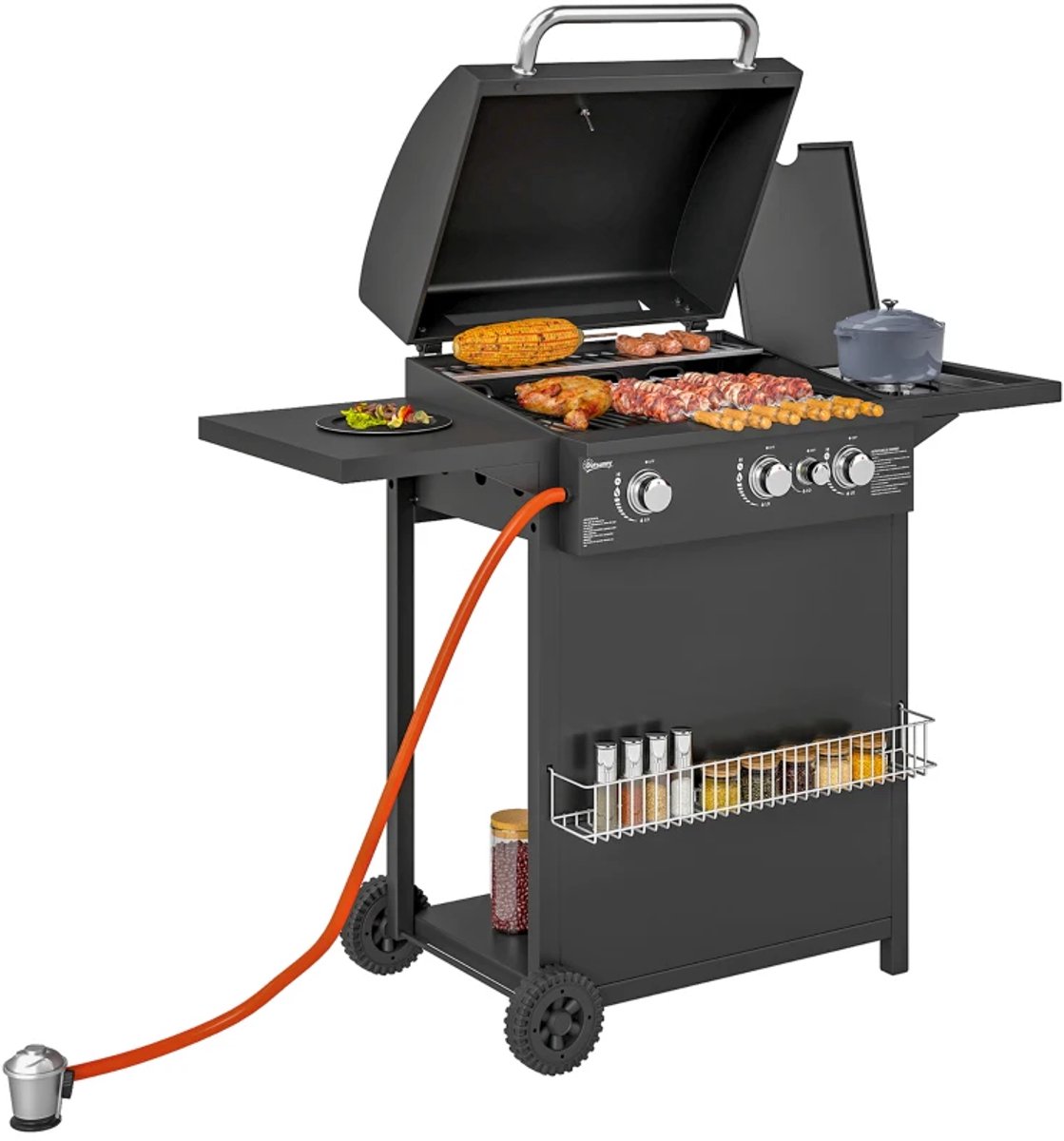 Gasbarbecue - Gasbarbecue en grill - 4 Branders - Zijbrander - 9,5 kW - Grillwagen - met Grillrooster, Wielen, Bijzettafels, Drukregelaar, Slangen, Hermometer en Warmhoudplaten - 123 x 57 x 98 cm - Zwart