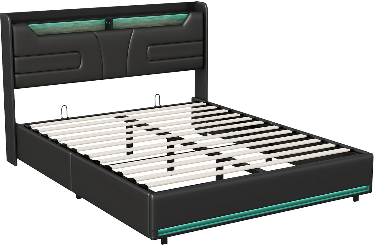 SHOPENTRA Opbergbed 140x190 cm met Gaslift en LED Verlichting - afbeelding 3