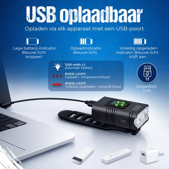Securely LED Fietslamp 1000 Lumen - USB Oplaadbare Fietsverlichting - Waterbestendig - Voor Fiets, E-bike, Fatbike & MTB — afbeelding 3