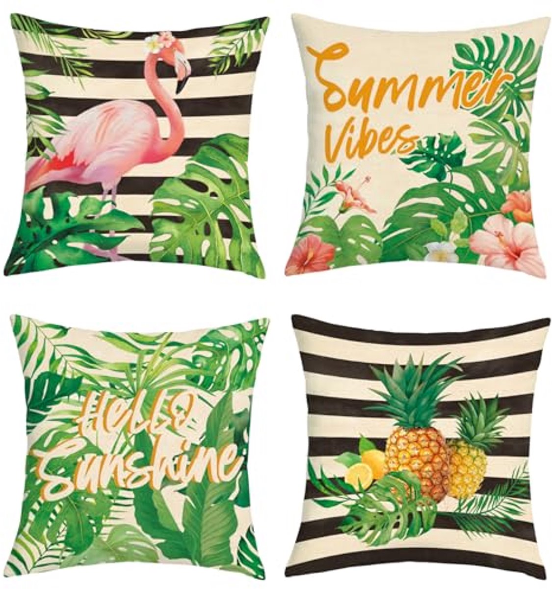 Ultiluxe® Kussenhoezen - 4 Stuks - Sierkussenslopen - Decoratieve Kussenhoes - 45 x 45 cm - Polyester Linnen - Flamingo Tropische Print - Roze/Zwart