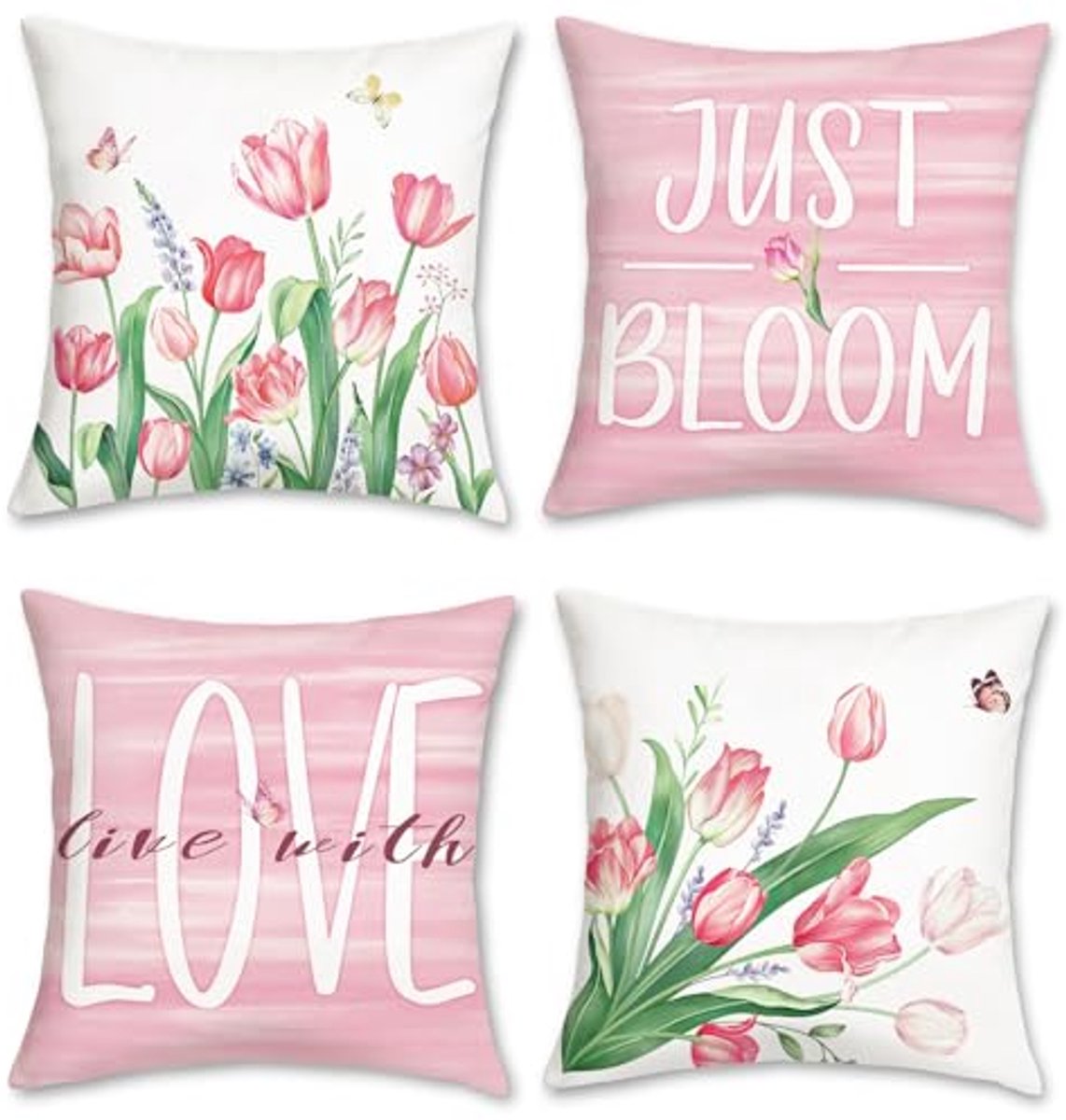 Ultiluxe® Kussenhoezen - 4 Stuks - Sierkussenslopen - Decoratieve Kussenhoes - 45 x 45 cm - Fluweel Stof - Tulpen Bloemenprint - Roze/wit