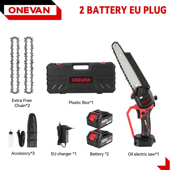 ONEVAN Accu Kettingzaag - 8 Inch Borstelloze Kettingzaag - met 2x Accu's - Elektrisch Handkettingzaag - voor tuinschaar, takkenschaar, houtzaagwerk van Merkloos	 — afbeelding 3