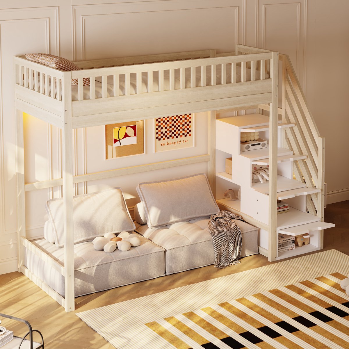 HAUSS SPOLE Hoogslaper 90x200cm - Met Omkeerbare Opbergtrap En Doorlopend Veiligheidshek - Led Sfeerverlichting Onder Bed - Zonder matras - Hout - Naturel Houtkleur