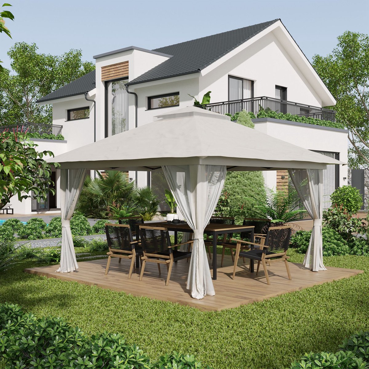 REDOM - Opvouwbare Partytent - Verstelbare Hoogte - Dubbel Dak - Met 4 Muskietengordijnen - Polyester - Crèmewit - 392 X 392 X 283 Cm