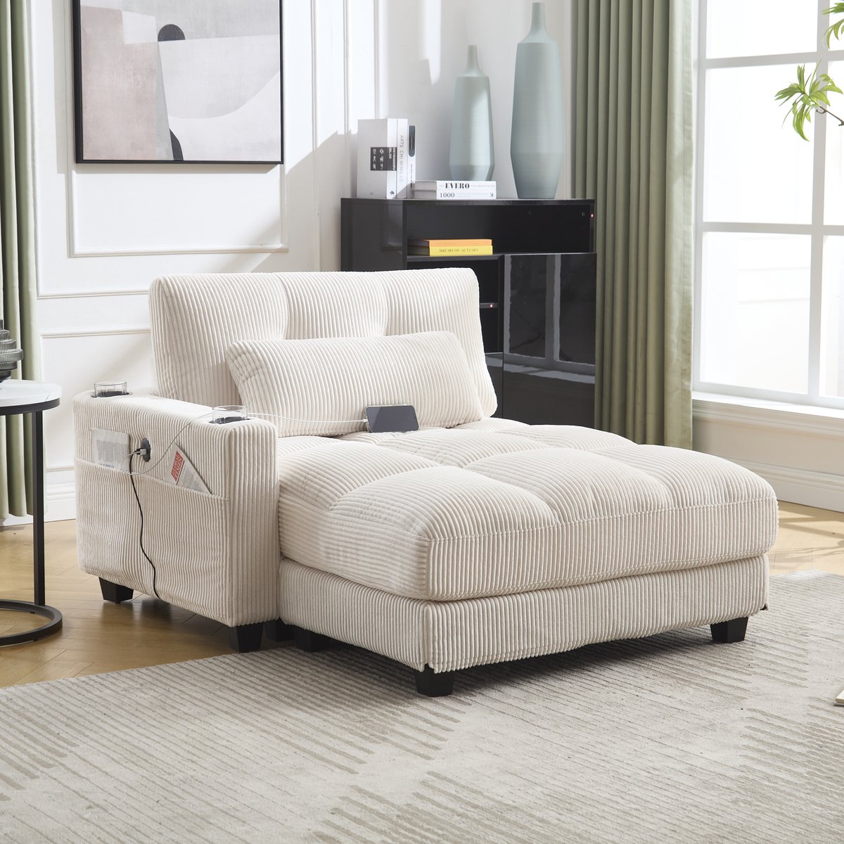 HAUSS SPOLE Fauteuil - Lounge Ligstoel Met Verwisselbare Armleuningen - Met USB & 2 Bekerhouders - 140x112x81 cm - Corduroy Beige