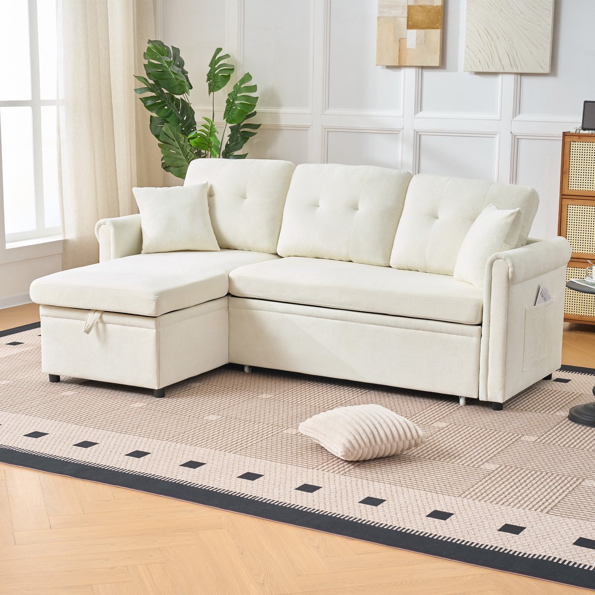 HAUSS SPOLE Hoekbank 206 X 130 Cm - Slaapfunctie Met Opbergruimte - Omkeerbare Chaise Longue - Chenille - Beige
