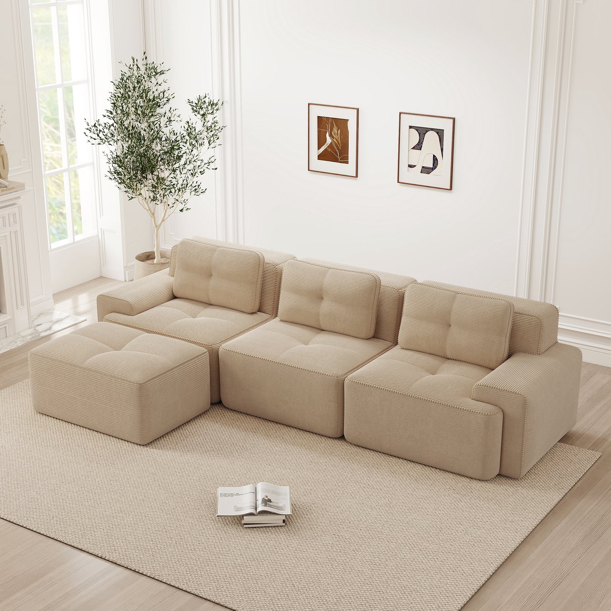 HAUSS SPOLE Hoekbank 3-Zits Met Ottoman - Modulair Cloud Sofa - Diepe Zit 74 Cm - Corduroy