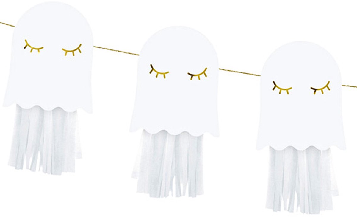 PARTYDECO - Witte en gouden spook-papieren slinger 1,3 m zelf in elkaar te zetten