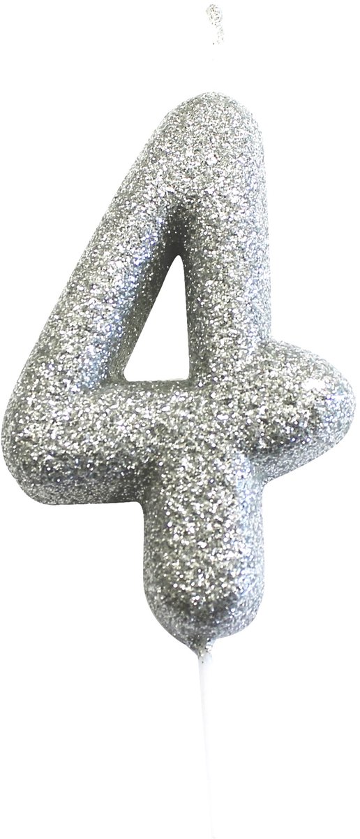 ANNIVERSARY HOUSE - Kaars op prikker cijfer 4 zilver glitter 7 cm voor taart