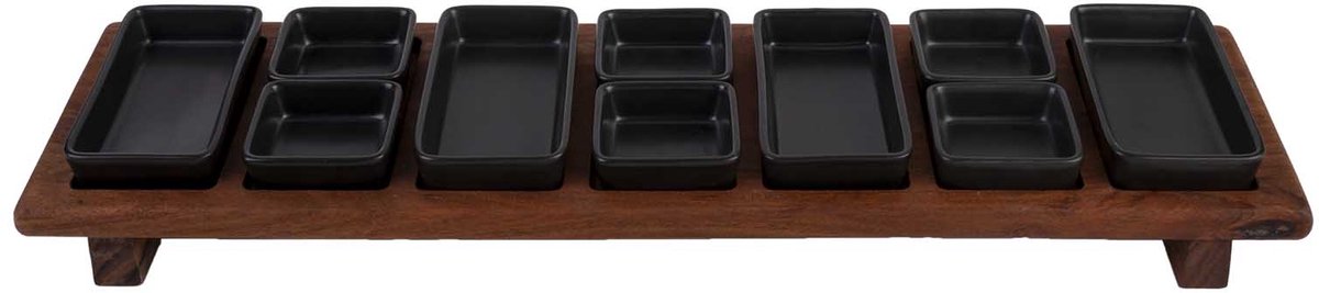 Pure Acacia Wood Borreltray 69cm 7-vaks met schaaltjes zwart