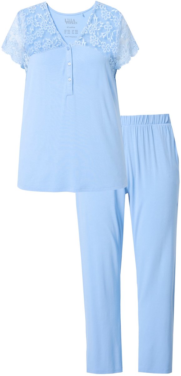 Ulla Popken - Dames - Pyjama kant V-hals halflange mouw van kant - Lichtblauw - Maat 42+