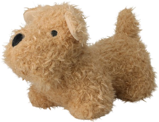 Lichtbruin pluche hondje, pluizig met zwarte ogen en oorflapjes.
