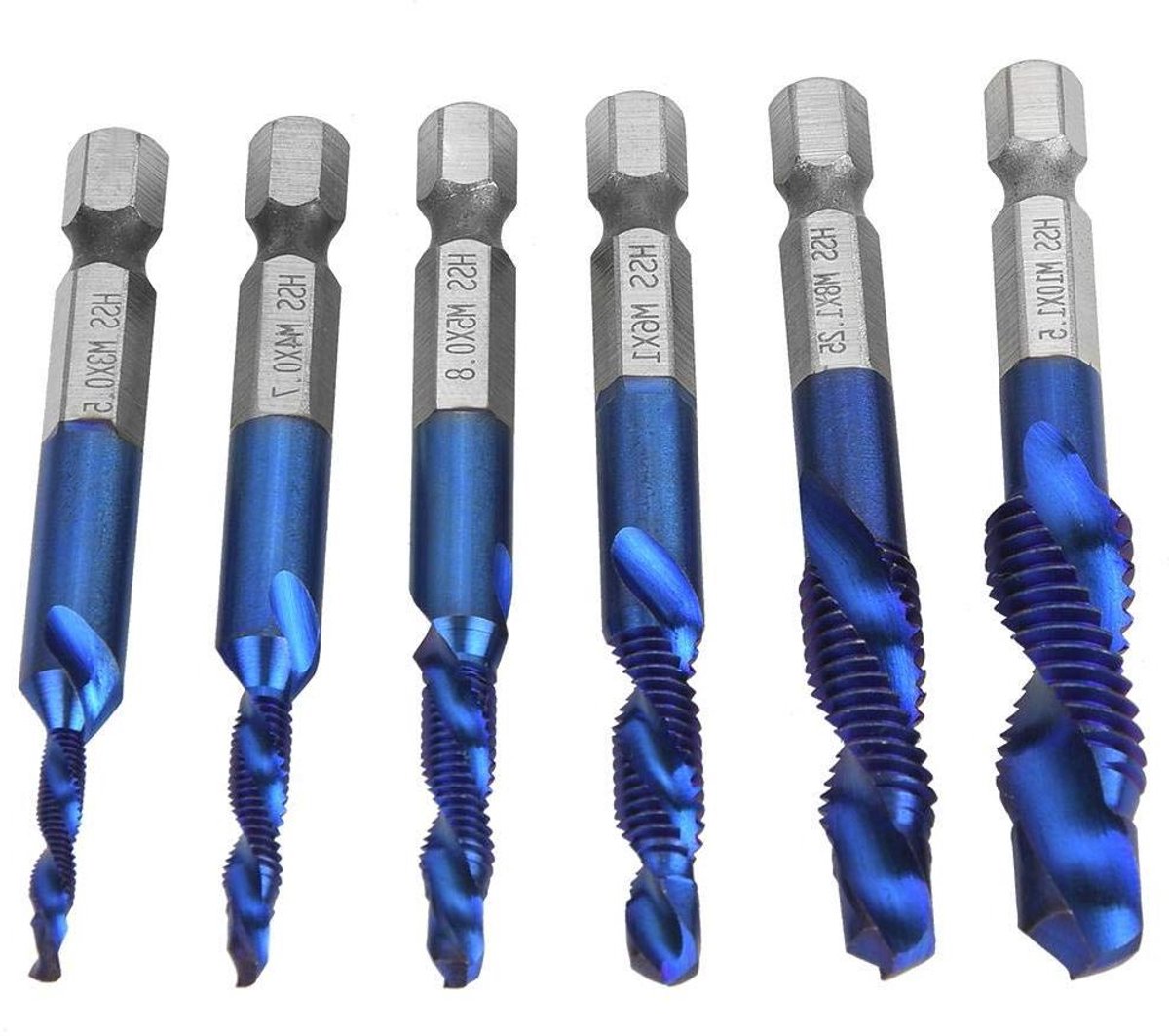 Allecto- Boorset 6-delig - Snelstaal - Zeskantschacht - Zeskantschachtboor - Samengestelde kraan - M3/M4/M5 M6/M8/M10 - Metaal aluminium ijzer - Blauw.