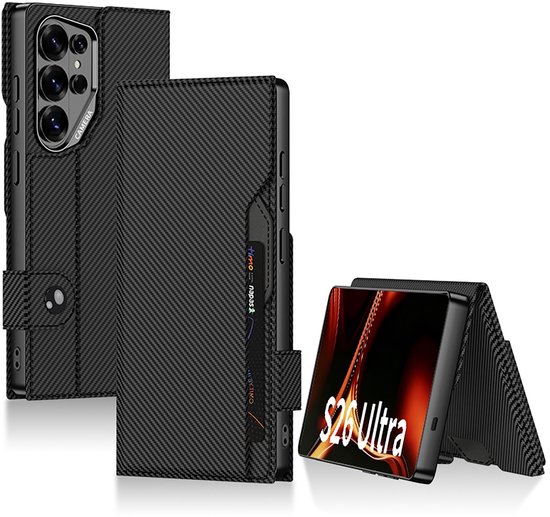 Samsung Galaxy S26 Ultra Hoesje Kunstleer Bookcase Carbon Slim Met Pasjeshouder 360° Bescherming