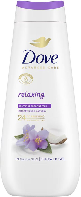 Witte Dove douchecrème fles met paarse dop. Label: 'relaxing', jasmijn & kokosmelk, 24 uur hydratatie.