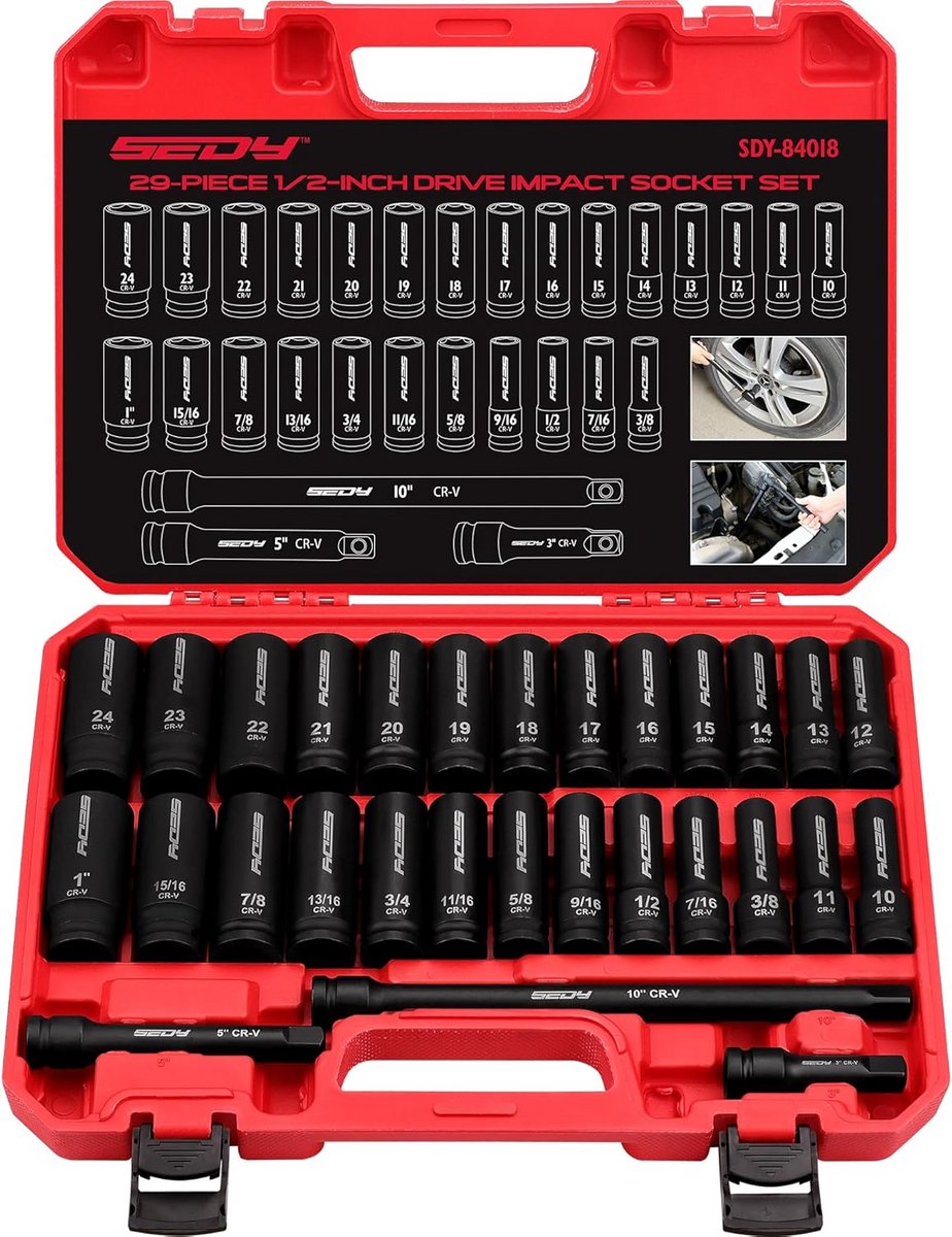 Impactdopsleutelset 1/2 inch Aandrijving SAE & Metrisch 29-Delig met Verlengstukken