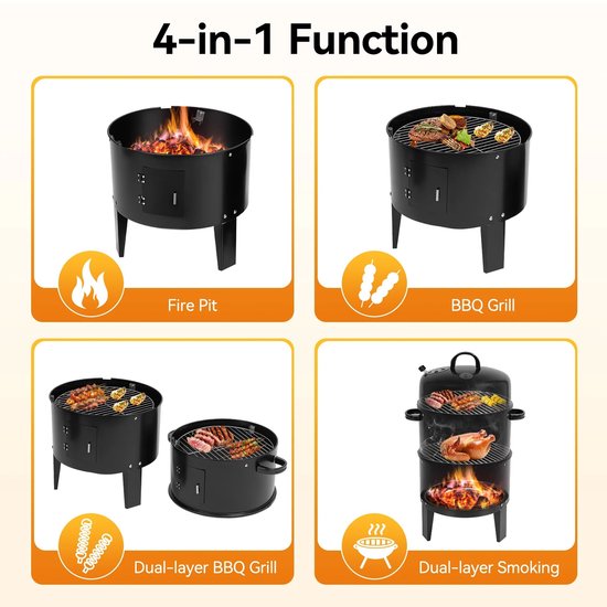 Novendo Goods - 40 CM Verticale rookoven & houtskool BBQ - Draagbare smoker grill voor buiten - 2-Lagen roker voor kamperen, barbecue, slow cook & outdoor koken - zwart van Merkloos — afbeelding 5
