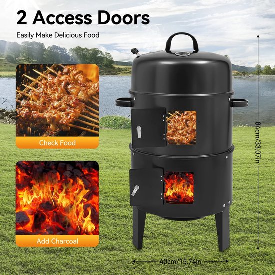 Novendo Goods - 40 CM Verticale rookoven & houtskool BBQ - Draagbare smoker grill voor buiten - 2-Lagen roker voor kamperen, barbecue, slow cook & outdoor koken - zwart van Merkloos — afbeelding 2
