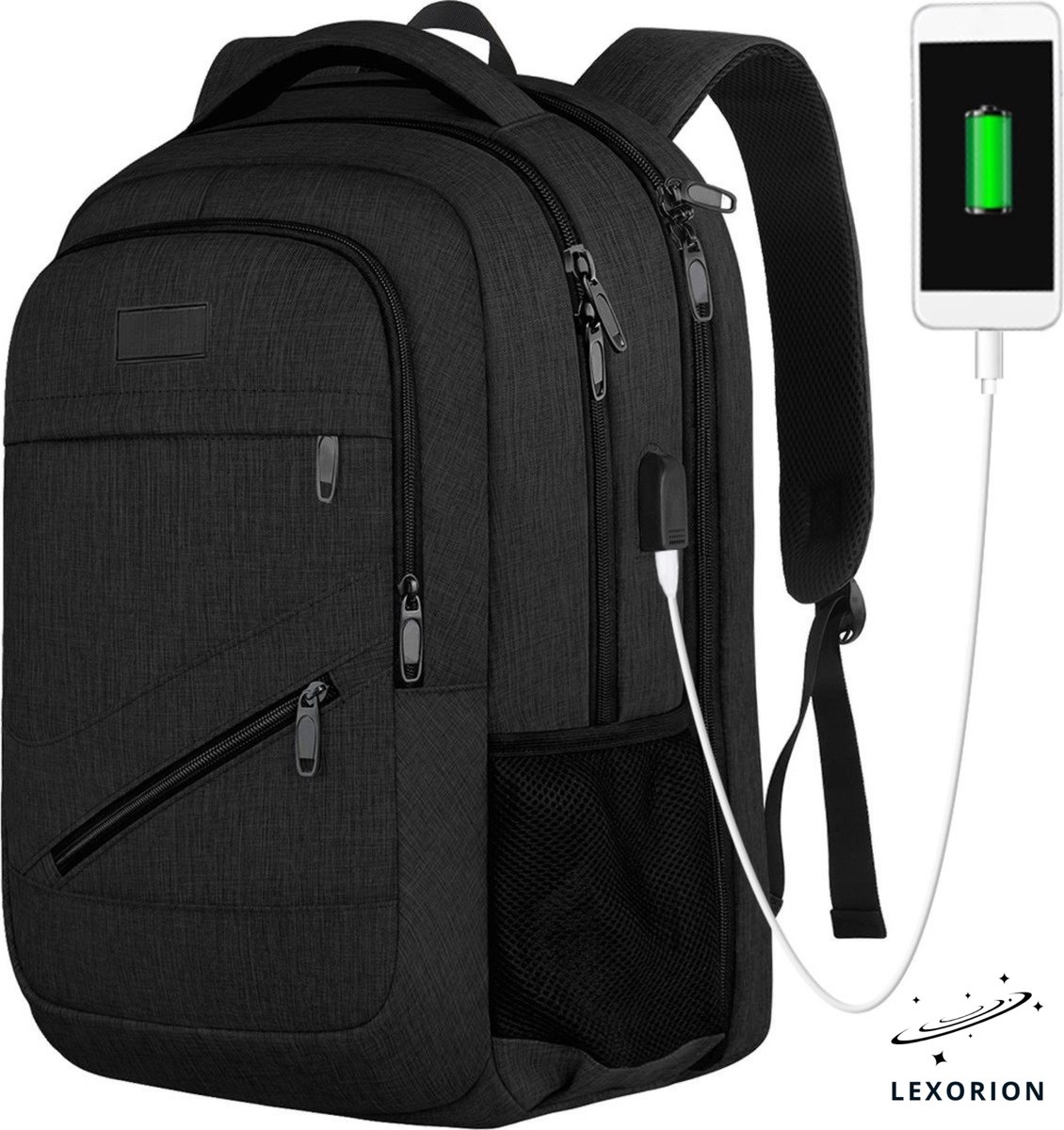 Lexorion Laptoprugzak 40L – 17,3 inch Laptopvak – Waterbestendig – Anti-diefstalontwerp – USB-oplaadpoort – Ergonomisch & Comfortabel – Zwart