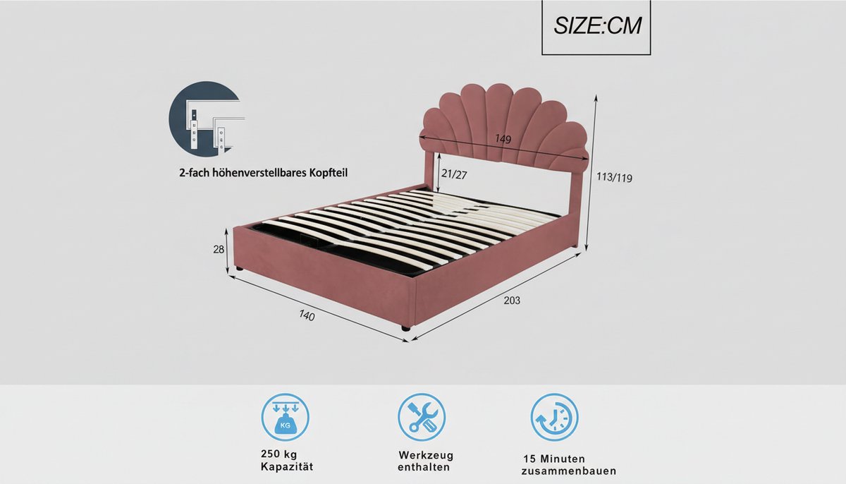 Tienerbed 140x200 cm met Hydraulische Opbergruimte – Casa Velluto Luna Velvet Bed – Verstelbaar Hoofdeinde – Roze Fluweel – Houten Lattenbodem – Gestoffeerd Tweepersoonsbed