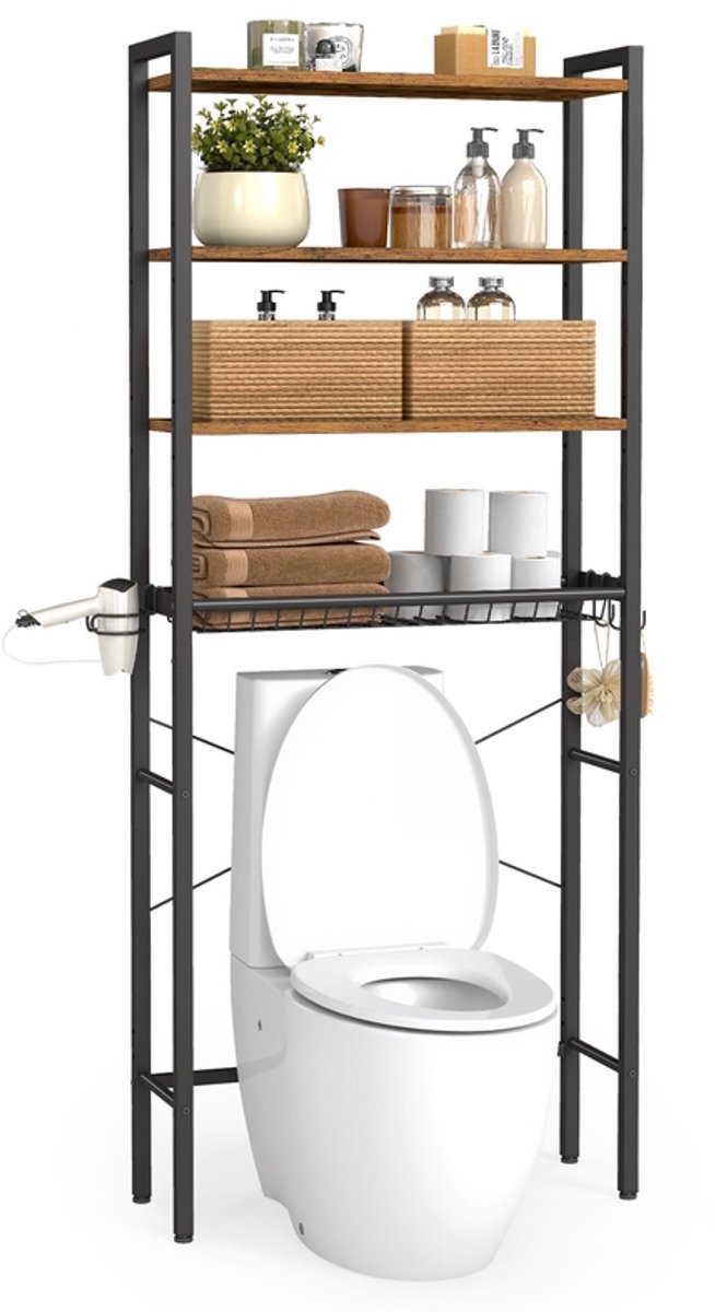 Toiletplank – Met verstelbare planken en draadmand – Inclusief föhnhouder en 3 haken – Vintage bruin – 24 x 60 x 173 cm