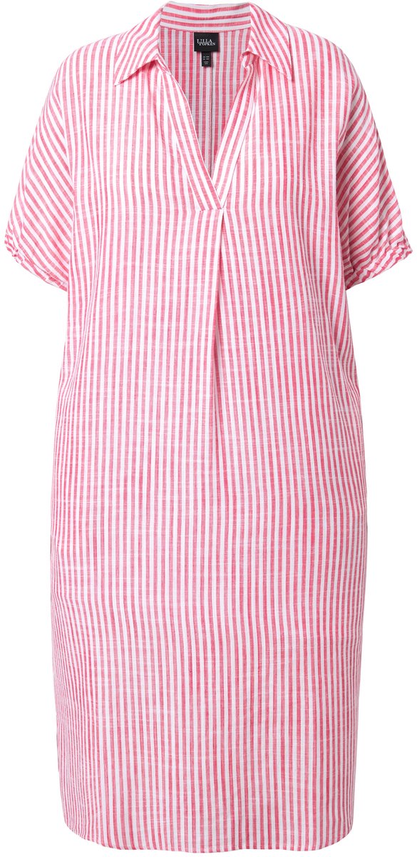 Ulla Popken - Dames - Jurk van linnenmix strepen oversized overhemdkraag - Lichtfuchsia - Maat 50+